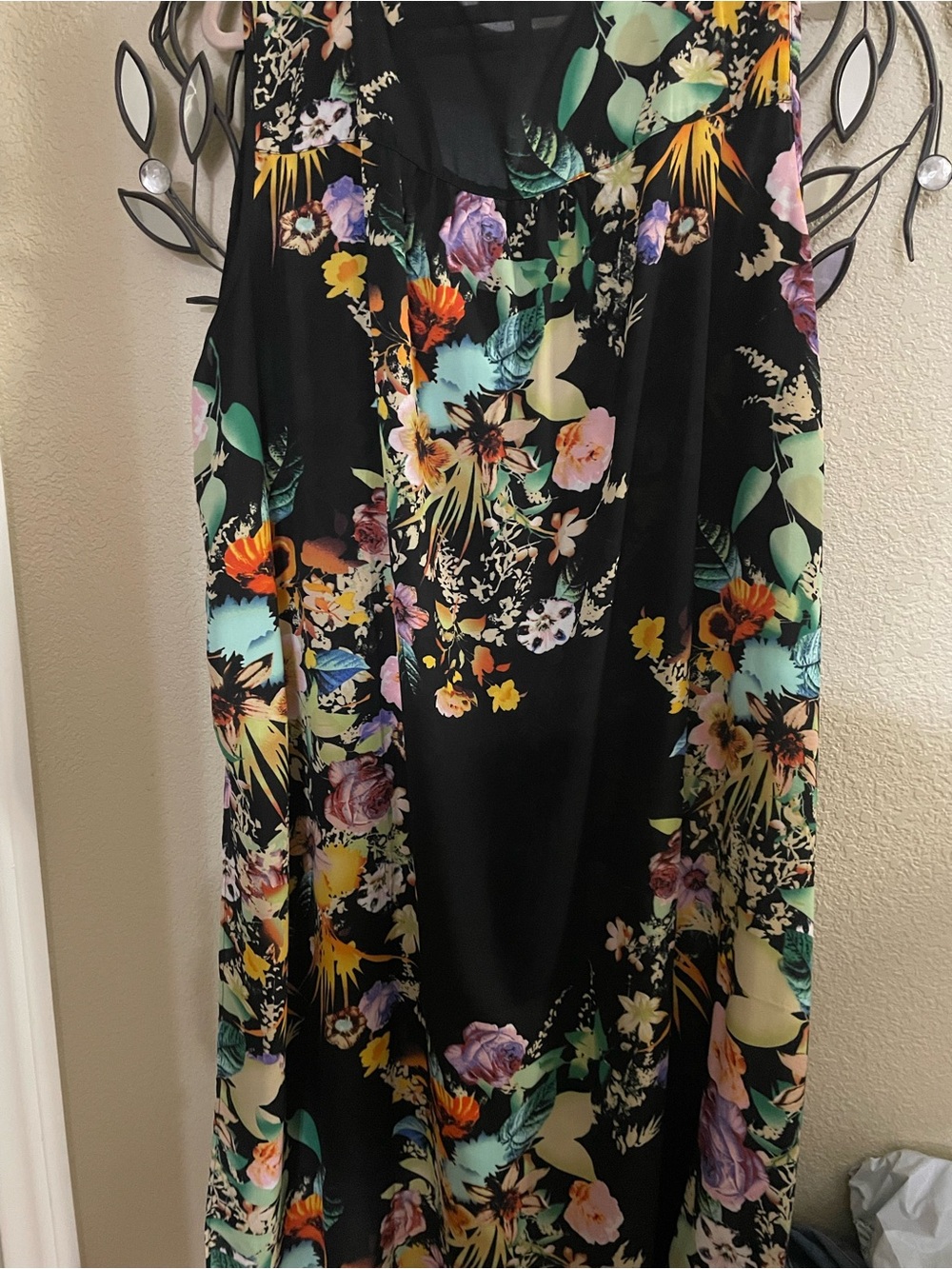 Black Floral Maxi Blouse with Multicolor Botanical Print